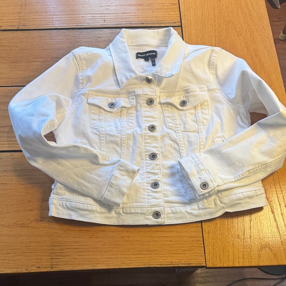 DKNY White Denim Jean Jacket - Classic Button-Front, side lace up,ladies size L - Picture 6 of 6